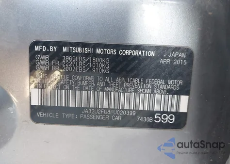 2015 Mitsubishi Lancer Es из США, поврежденный, VIN JA32U2FU8FU020399